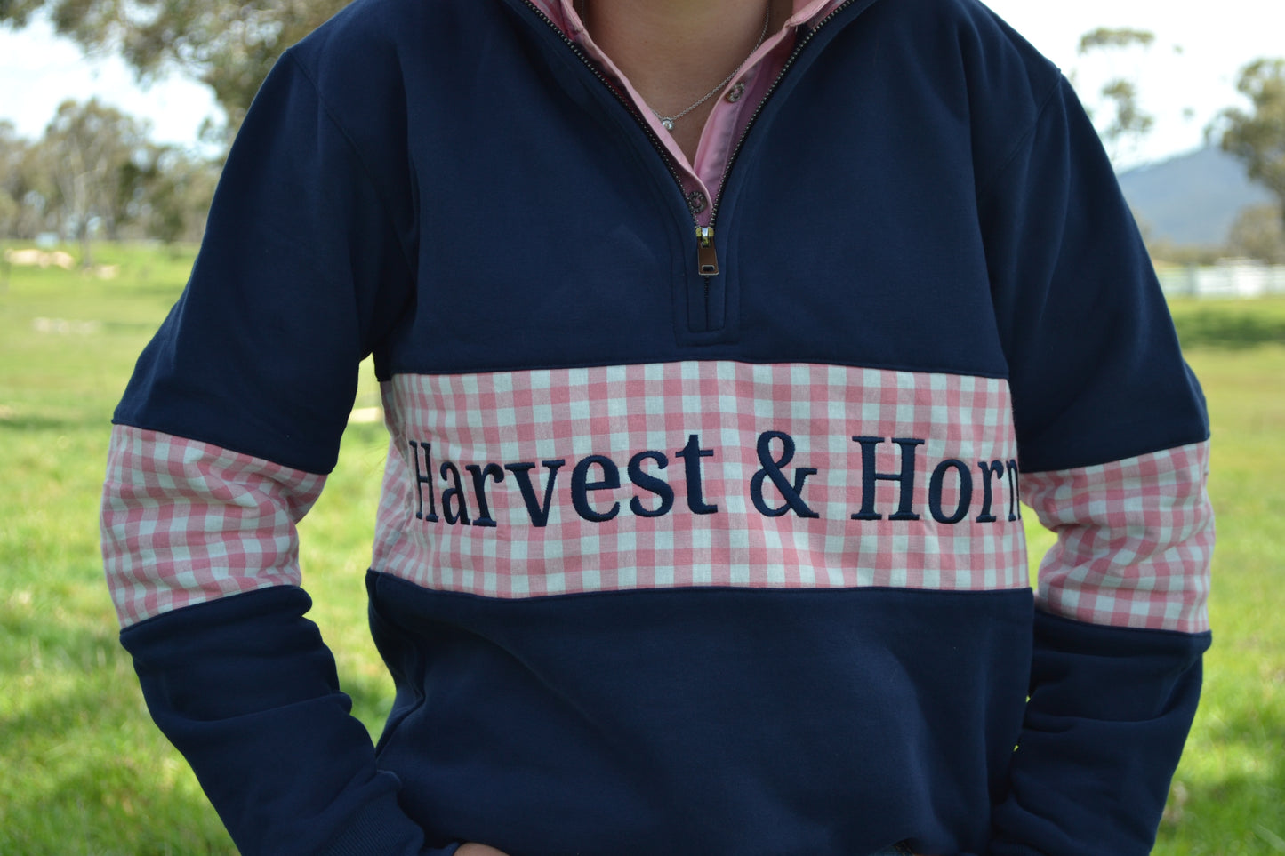 PRE-SALE Navy and Pink Gingham Unisex 1/4 Zip Jumper
